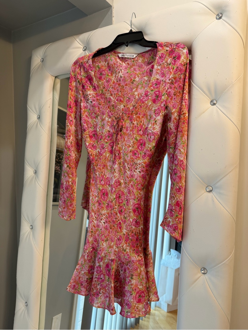 Zara Pink Floral Long-Sleeve Ruffle Hem Dress